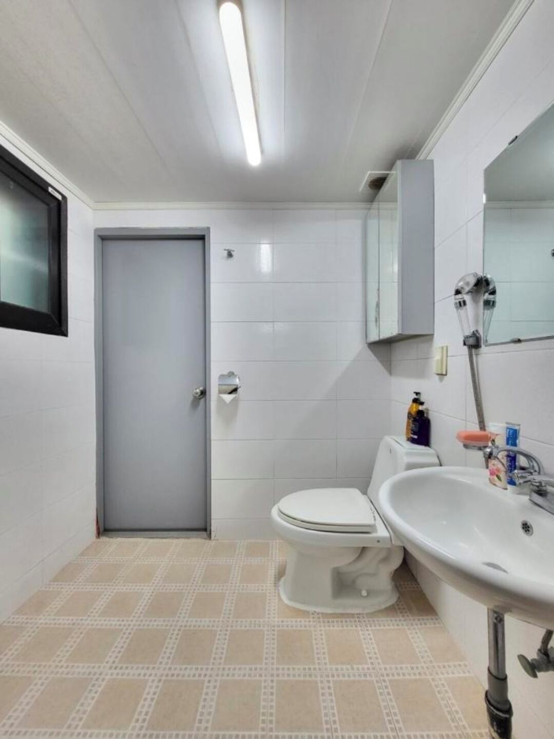 Hair dryer, towels, soap, toilet paper