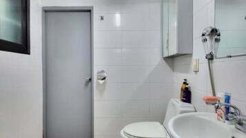 Hair dryer, towels, soap, toilet paper