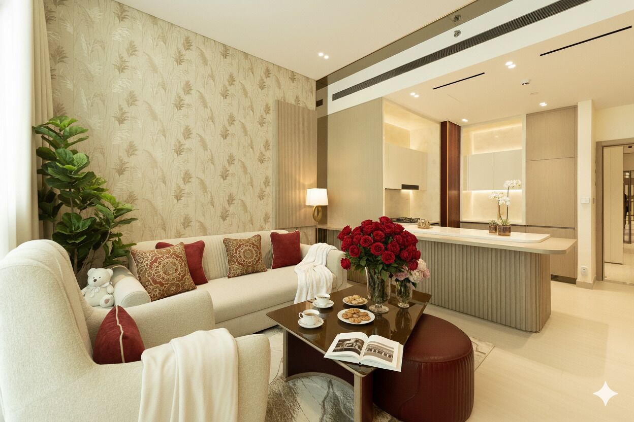 A modern living room with a sofa, a coffee table, and a dining area.