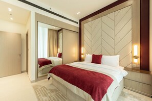 Deluxe Apartment, Balcony, City View | Premium bedding, memory foam beds, in-room safe, blackout drapes - Binghatti Royale - Luxury 1BR Haven (Dubai)