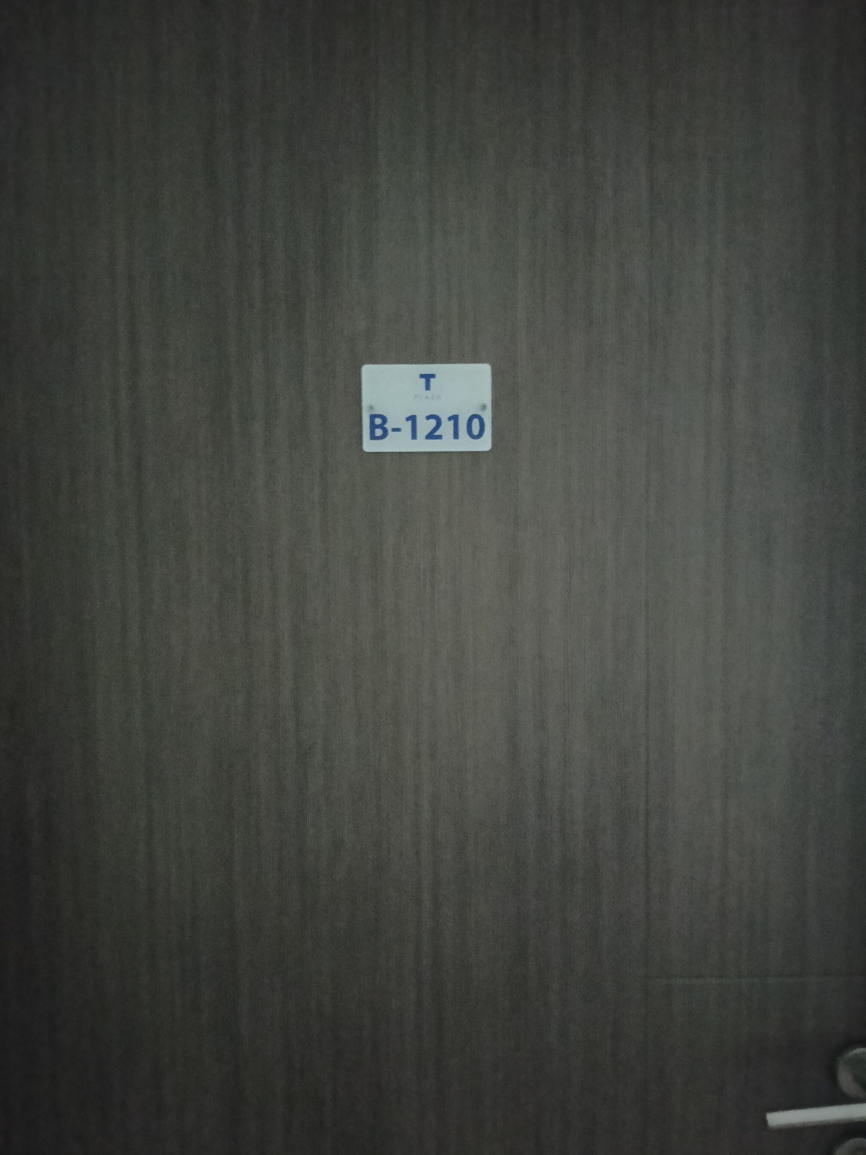 Una señal con el texto 'T B-1210' sobre una pared con textura.