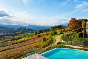 A pool with a view of a countryside landscape, including fields, trees, and distant hills. - Spacious apartment with infinity pool (Poppi)