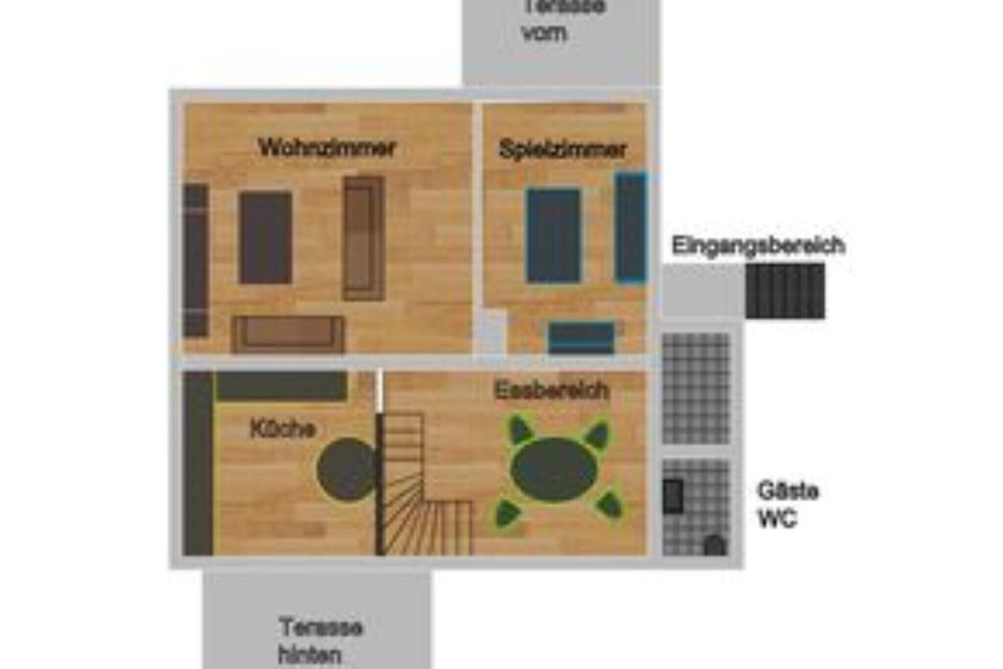 Een plattegrond van een hotel met een woonkamer, slaapkamer, keuken en badkamer.
