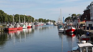 A marina with several boats docked along the water, surrounded by buildings and trees. - Romantischer Rückzugsort in Kröpelin in Strandnähe (Kröpelin)