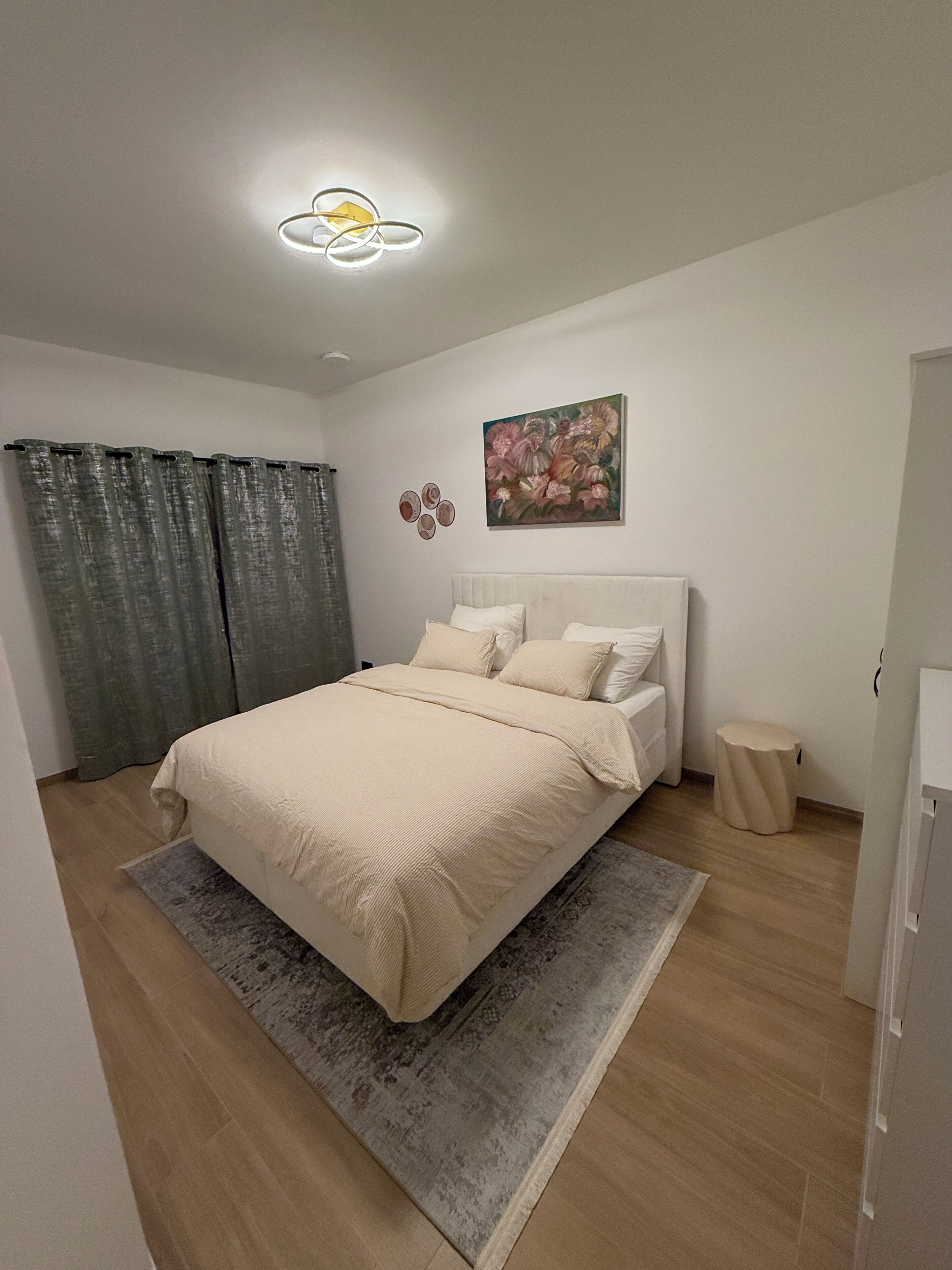 Un dormitorio con cama, alfombra, cuadro y una lámpara en el techo.