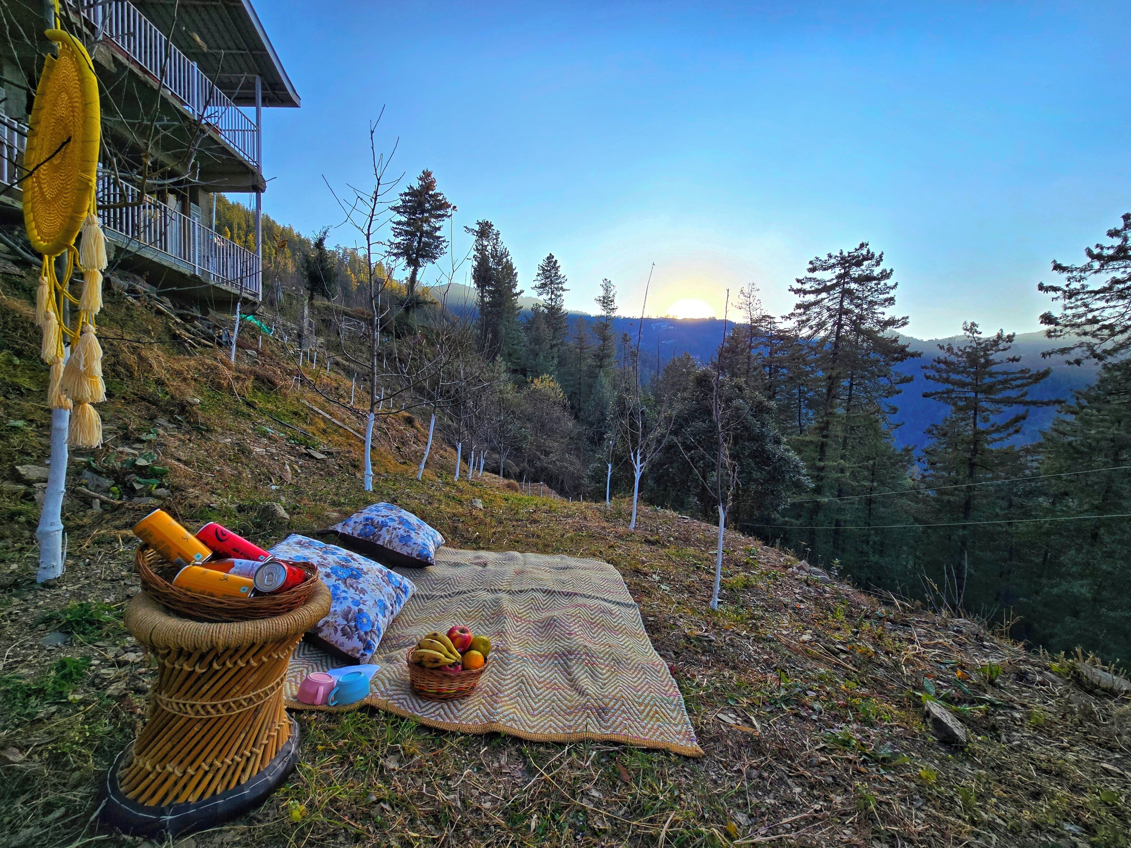 A picnic setup on a hillside with a blanket, basket, and pillows.