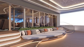 Piscine extérieure, chaises longues