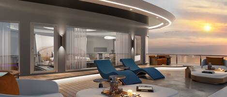 Presidentieel huisje, balkon, uitzicht op oceaan | Terras