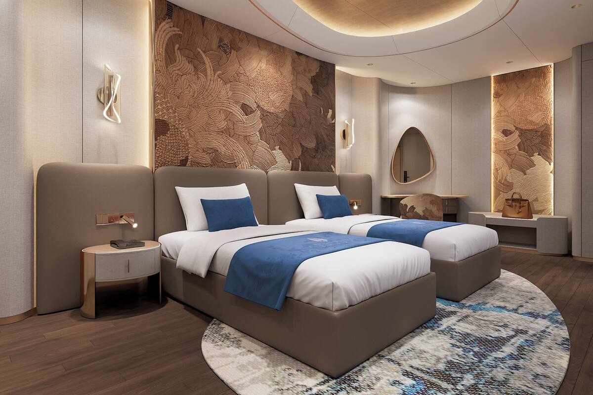 A modern bedroom with a large bed, bedside tables, a mirror, and a decorative wall panel.