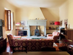 Un salon chaleureux avec une cheminée, des sièges confortables, un téléviseur et divers objets décoratifs.