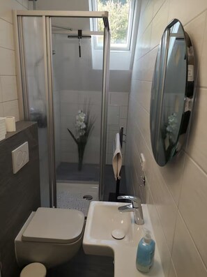 Dusche, Haartrockner, Handtücher, Seife