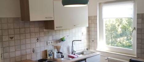 Kühlschrank, Mikrowelle, Herdplatte, Wasserkocher mit Kaffee-/Teezubehör