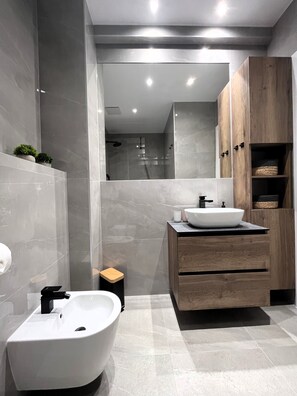 Shower, hair dryer, bidet, towels