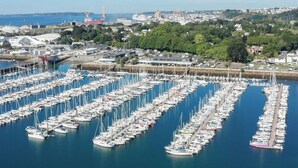 Een jachthaven met tal van boten die in een rasterpatroon afgemeerd liggen, omringd door gebouwen en begroeiing.