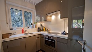 A modern kitchen with stainless steel appliances, a window with a view, and a built-in oven. - Haus Bodmen C, Apartment Edelweiss (Zermatt)