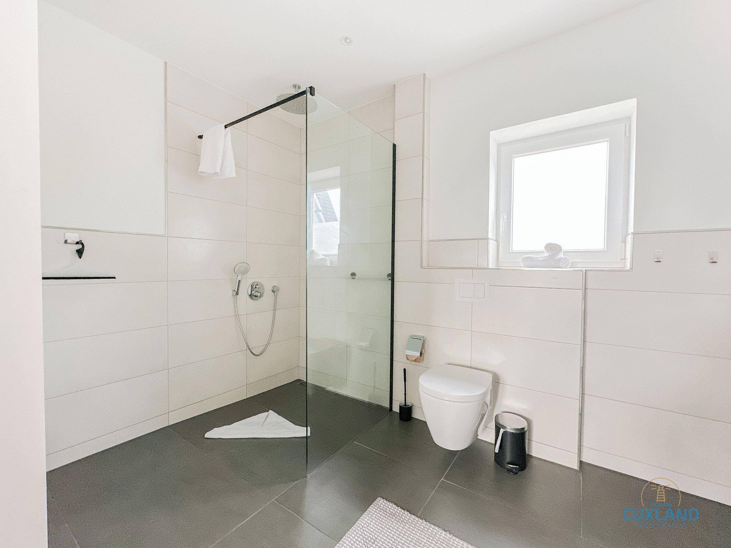 Ein modernes Badezimmer mit Duschkabine aus Glas, Toilette und Mülleimer.