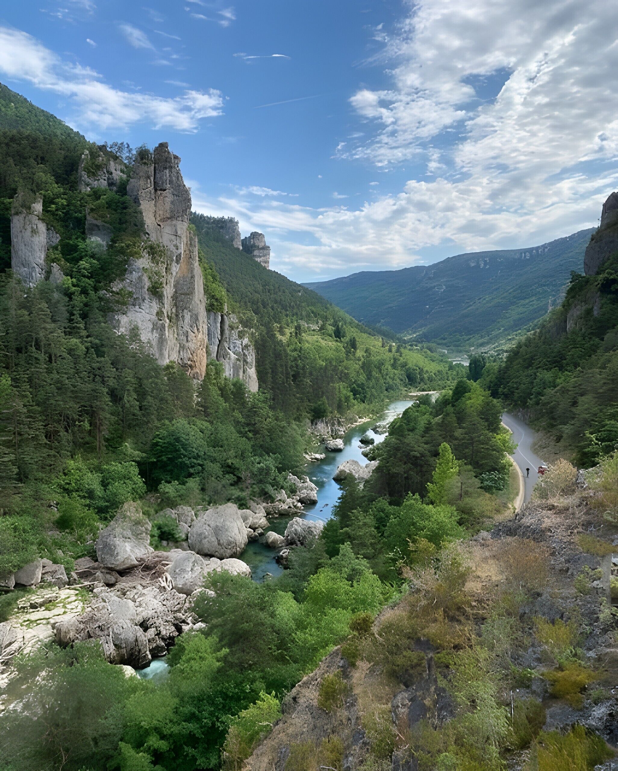 A river flowing through a valley with rocky cliffs and dense greenery.