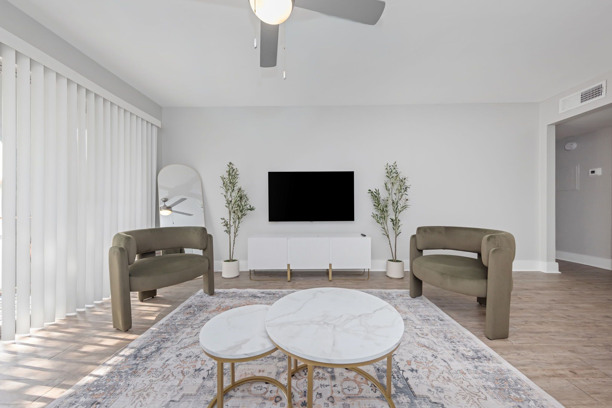 A modern living room with a flat-screen TV, two sofas, a coffee table, and a ceiling fan.