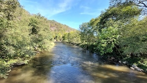 A river flowing through a densely wooded area with trees on both sides. - Cozy Ardennes Chalet Near Durbuy (Durbuy)