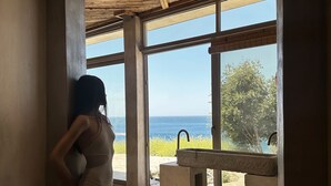 A room with large windows overlooking a body of water, a concrete sink, and a woven rug on the floor.