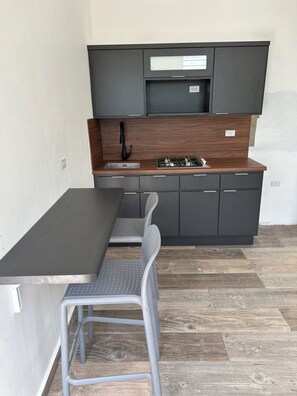 Fridge, microwave, stovetop, coffee/tea maker