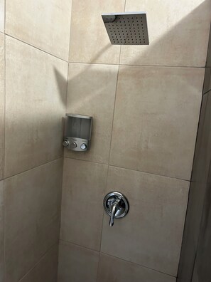 Douche, sèche-cheveux, serviettes fournies, savon