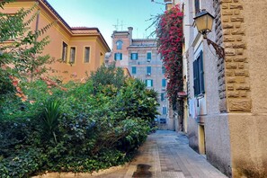 Une ruelle étroite bordée de bâtiments des deux côtés, présentant un mélange de styles architecturaux et quelques touches de verdure.