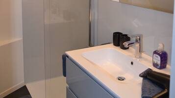 Chuveiro, secador de cabelo, toalhas de banho