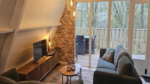 A modern living room with a stone fireplace, a TV, and a cozy seating area with a sofa and chairs. - Fenced Country Chalet in Durbuy (Durbuy)