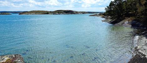 A coastal landscape with clear water, rocky shores, and distant hills.