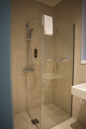 Chuveiro, secador de cabelo, toalhas de banho, sabonete