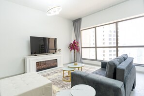 Luxury Apartment, Balcony, Sea View | Living area - Nasma Luxury Stays- Beach side & jacuzzi (Dubai)