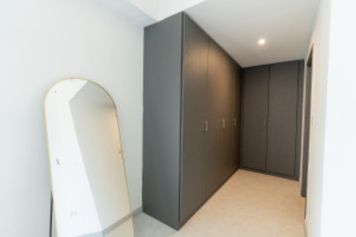 A corridor with a large wardrobe, a mirror, and a door.