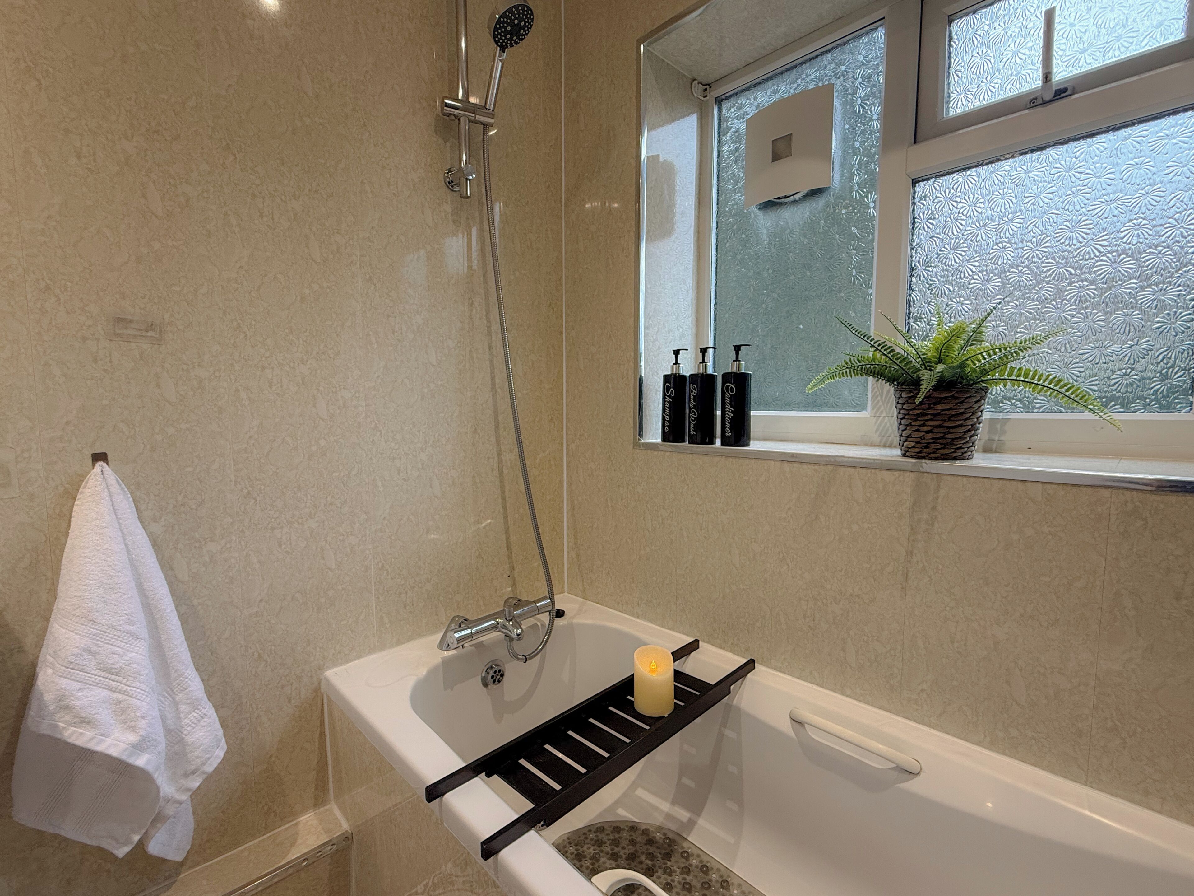 Hair dryer, towels, soap, toilet paper