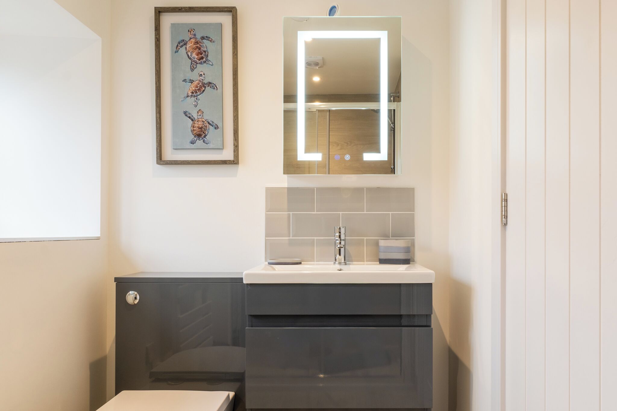 A modern bathroom with a grey vanity, a framed artwork of sea turtles, and a mirror with built-in lighting.
