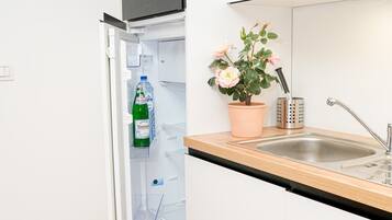 Basic Apartment | Private kitchen | Mini-fridge, oven, stovetop, cookware/dishes/utensils