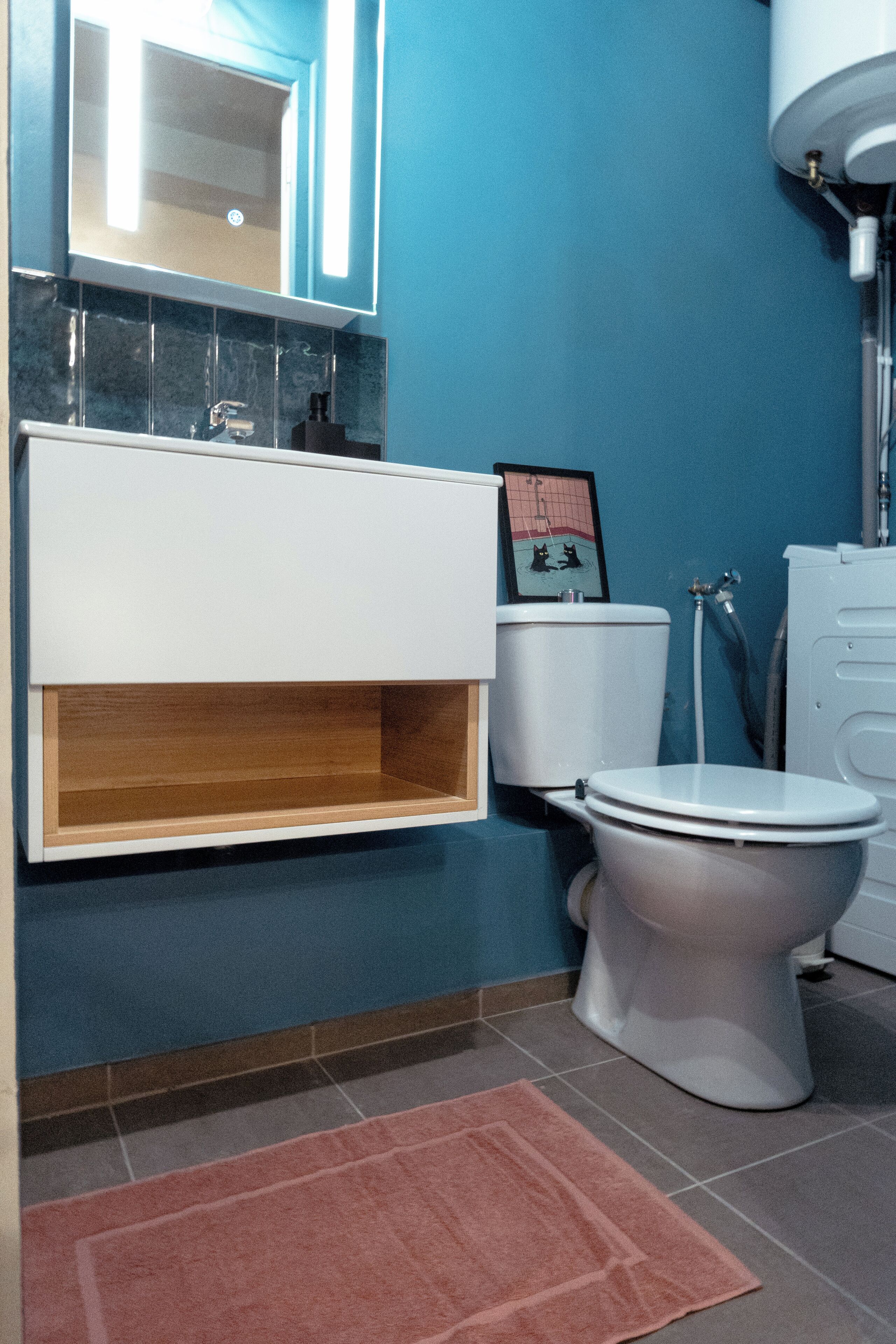 Ein Badezimmer mit einer weißen Toilette, einem Waschbecken mit Spiegel darüber und einem rosa Teppich auf dem Boden.