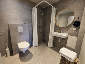 A modern bathroom with a shower, toilet, sink, and a mirror. - Aurora Igloo North (Hvammstangi)