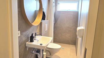A modern bathroom with a large mirror, a sink, a toilet, and a shower area.