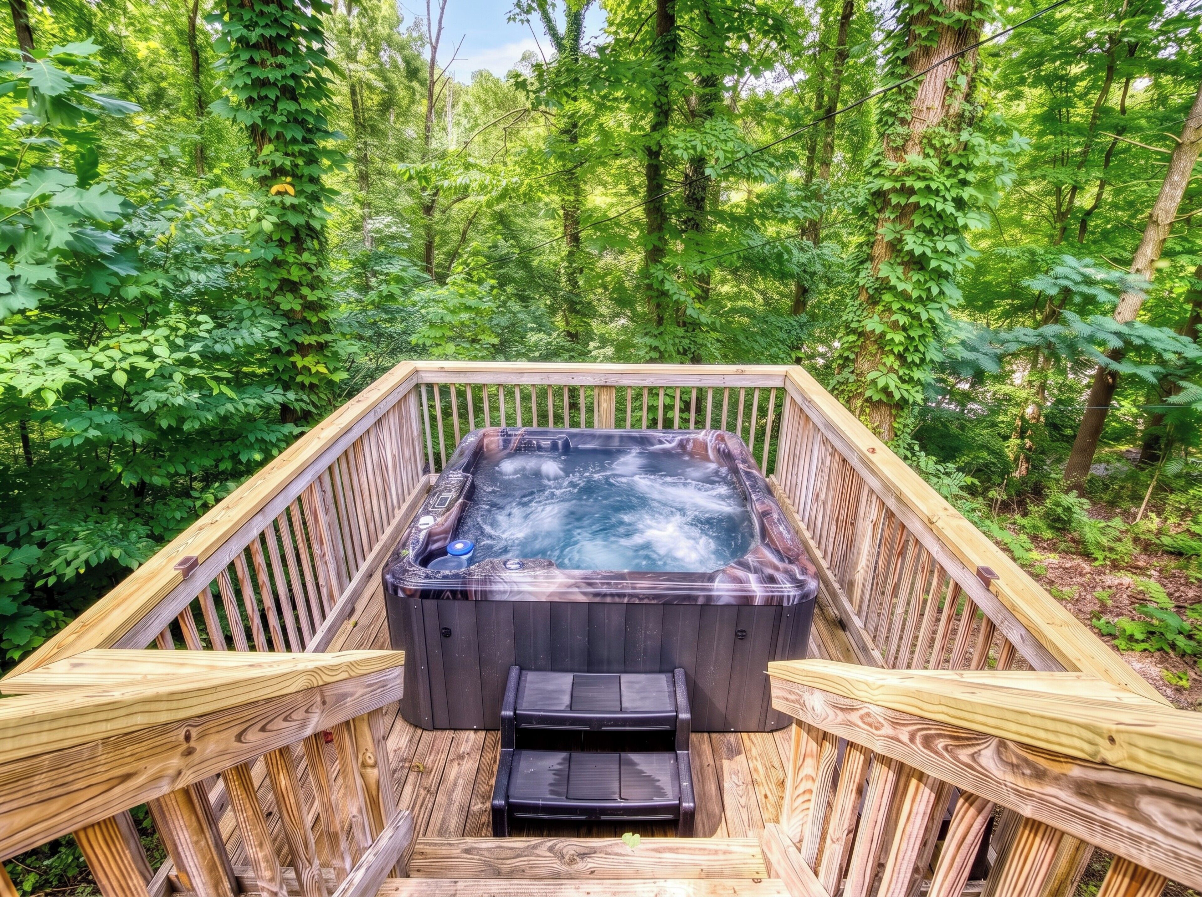 A hot tub on a wooden deck surrounded by dense forest.