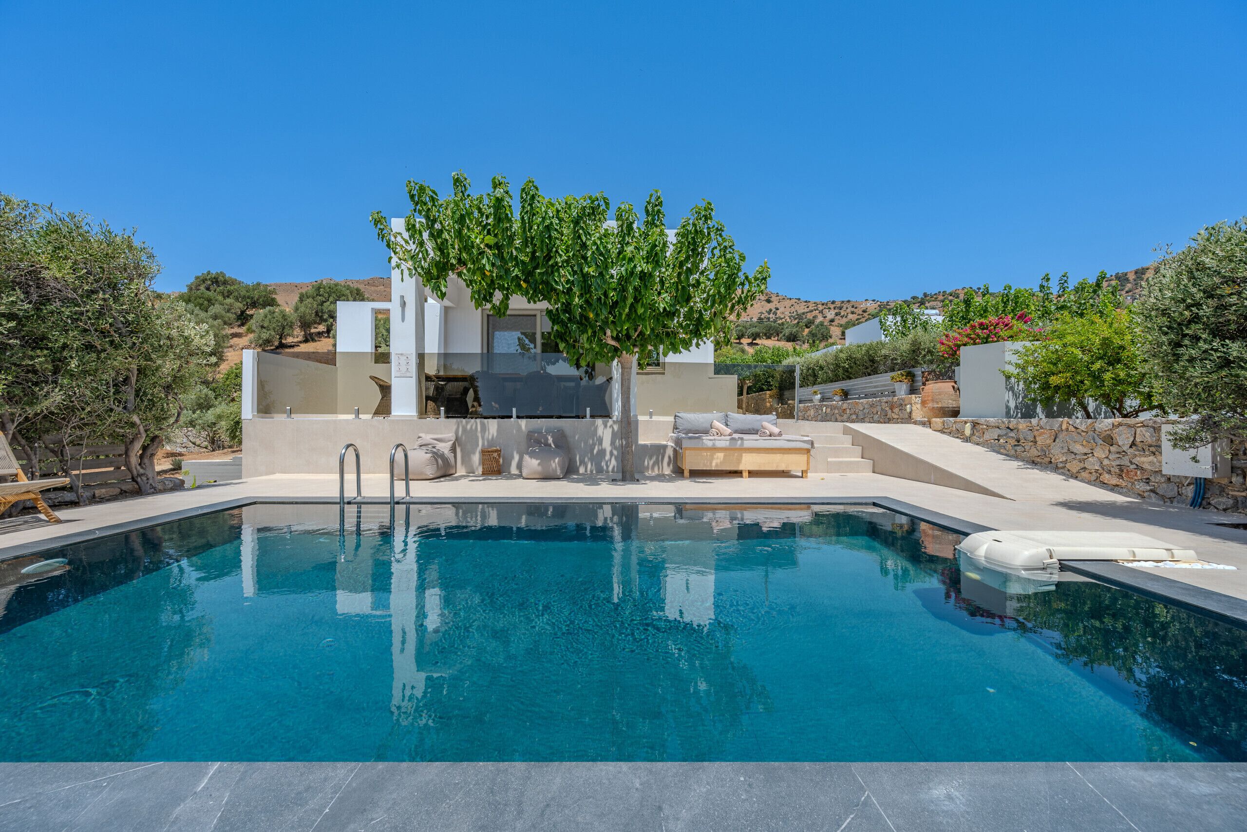 A modern pool area with a clear blue pool, a seating area with cushions, and a tree in the center.