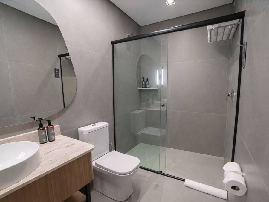 A modern bathroom with a glass-enclosed shower, a white sink, and a toilet.