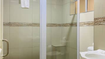 Shower, rainfall showerhead, towels, soap