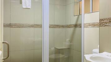 Shower, rainfall showerhead, towels, soap