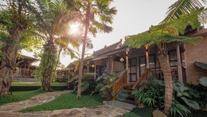 A courtyard with stone pathways, palm trees, and a wooden staircase leading to a building with traditional architecture. - Artropeace Ubud Retreat & Villas (Ubud)