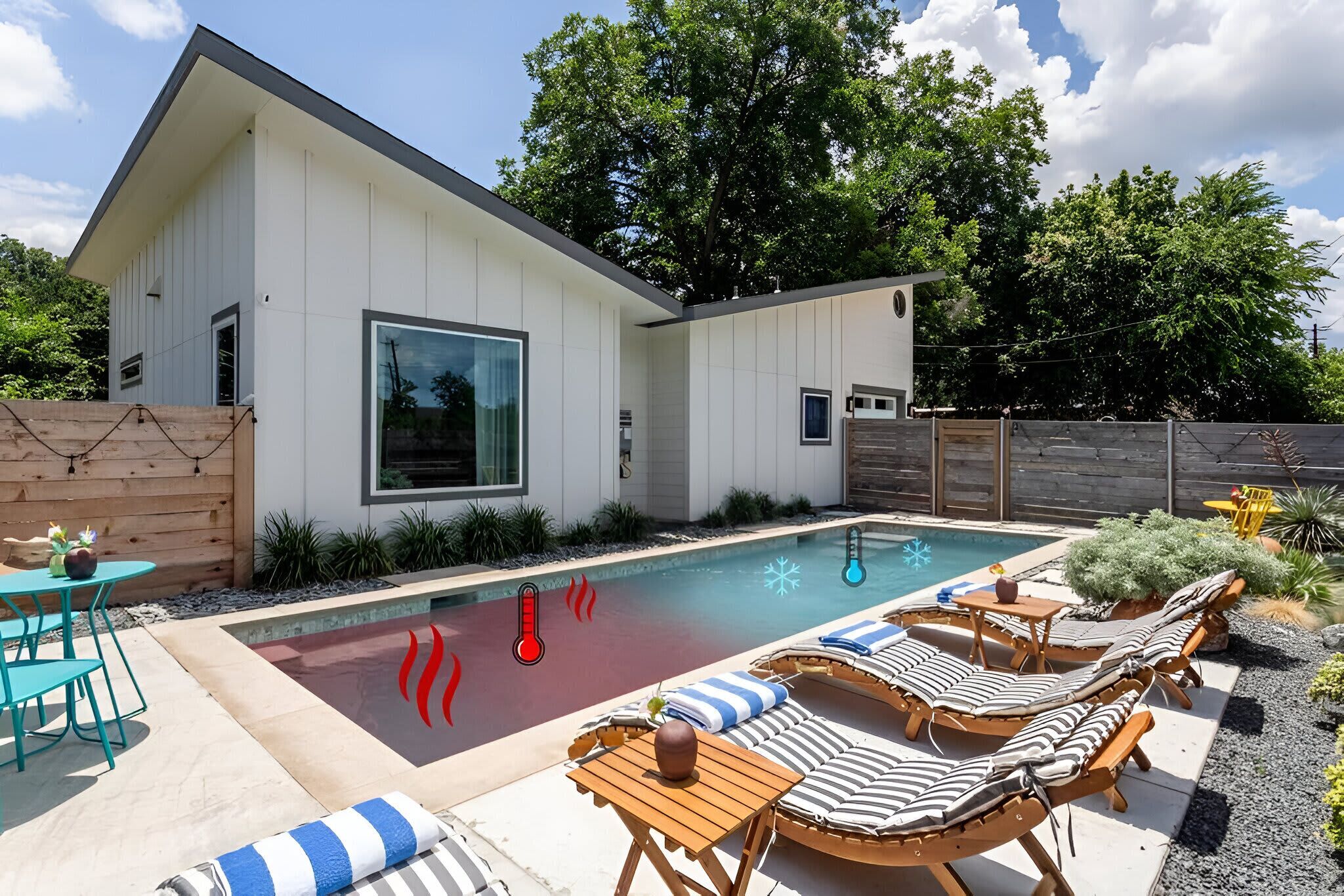 A modern house with a swimming pool, lounge chairs, and a wooden deck.