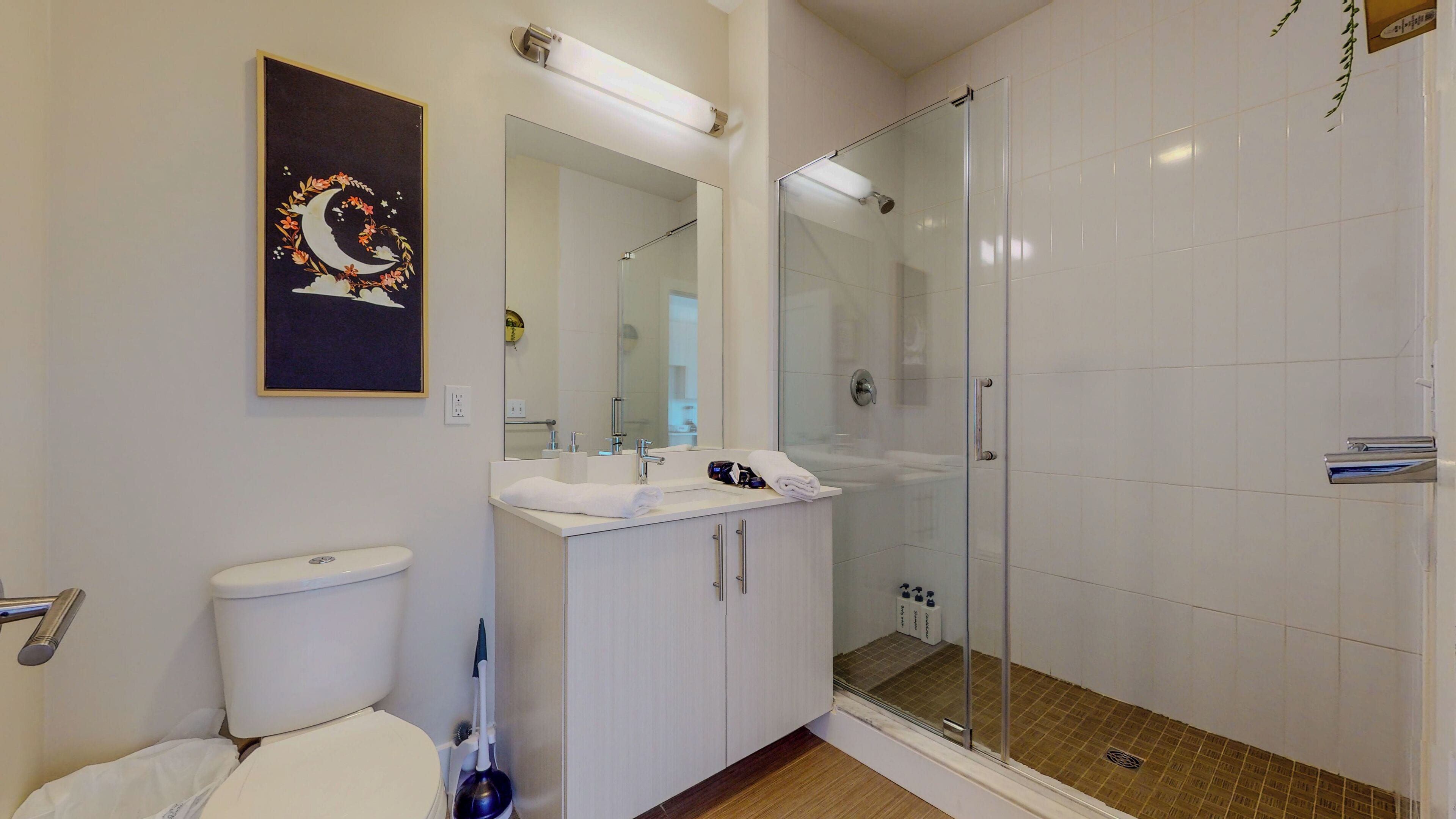 Hair dryer, towels, soap, shampoo