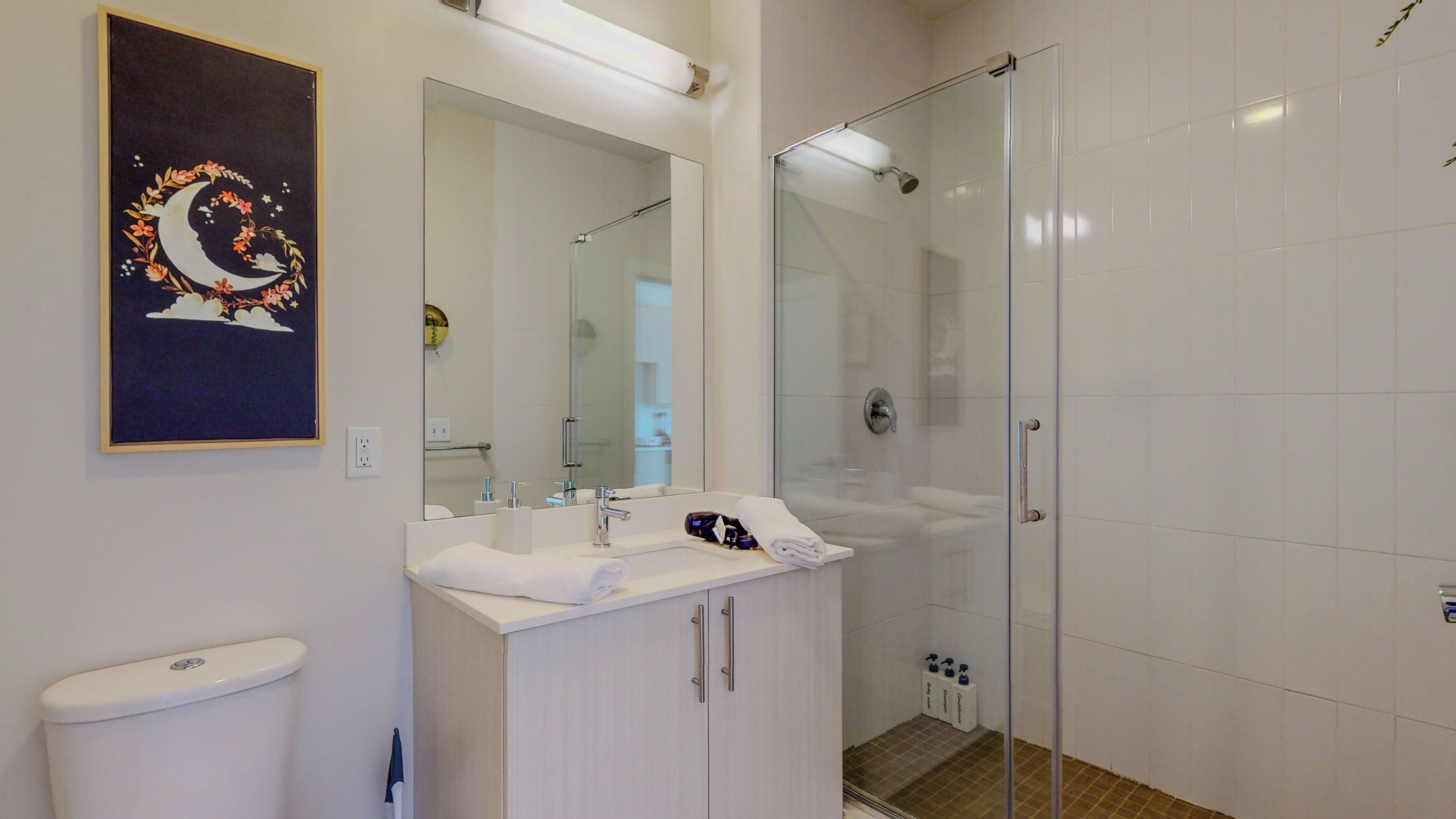 Hair dryer, towels, soap, shampoo