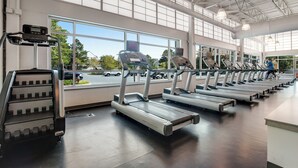 Een sportschool met meerdere loopbanden, een stair climber en grote ramen met uitzicht naar buiten.