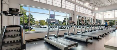 A gym with multiple treadmills, a stair climber, and large windows offering a view of the outside.